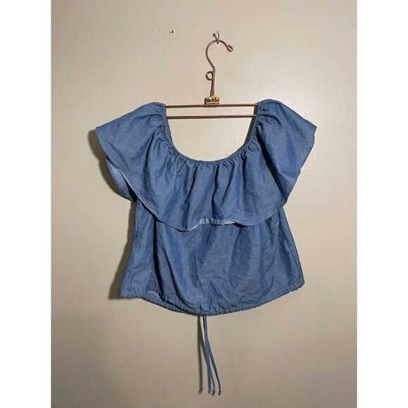 Everly Off The Shoulder Denim Top Floral Embroidered Print Drawstring Sz Medium - Picture 3 of 5